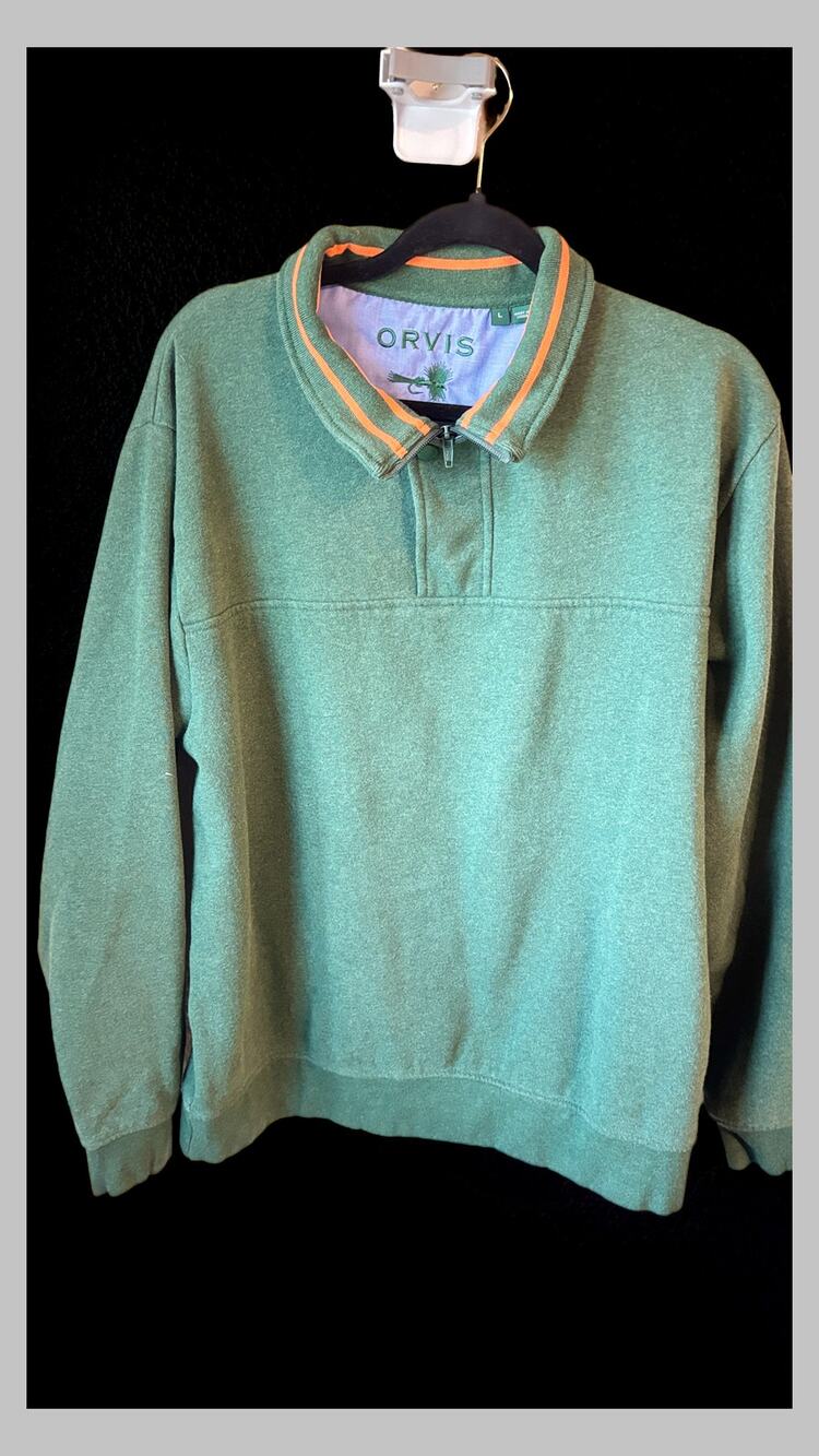 Orvis Men’s Large Green 1/4 Zip Pullover Sweatshirt Orange Trim